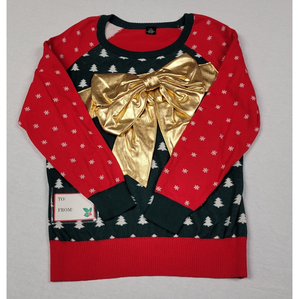 Awake Women's M Ugly Christmas Sweater Metallic Gold Gift Bow Package To From